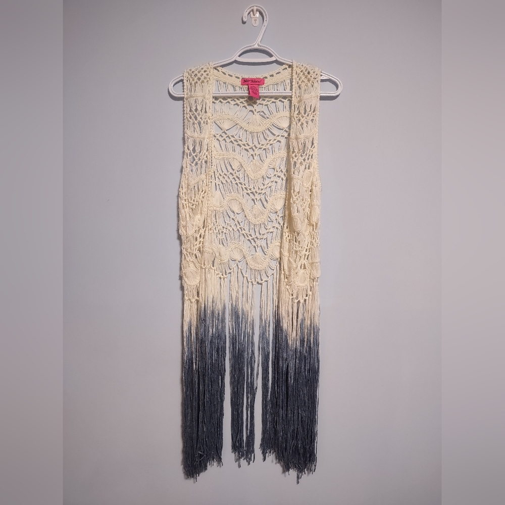 Vintage Betsey Johnson Cream Blue Crochet Fringe Cardigan Vest Sleeveless